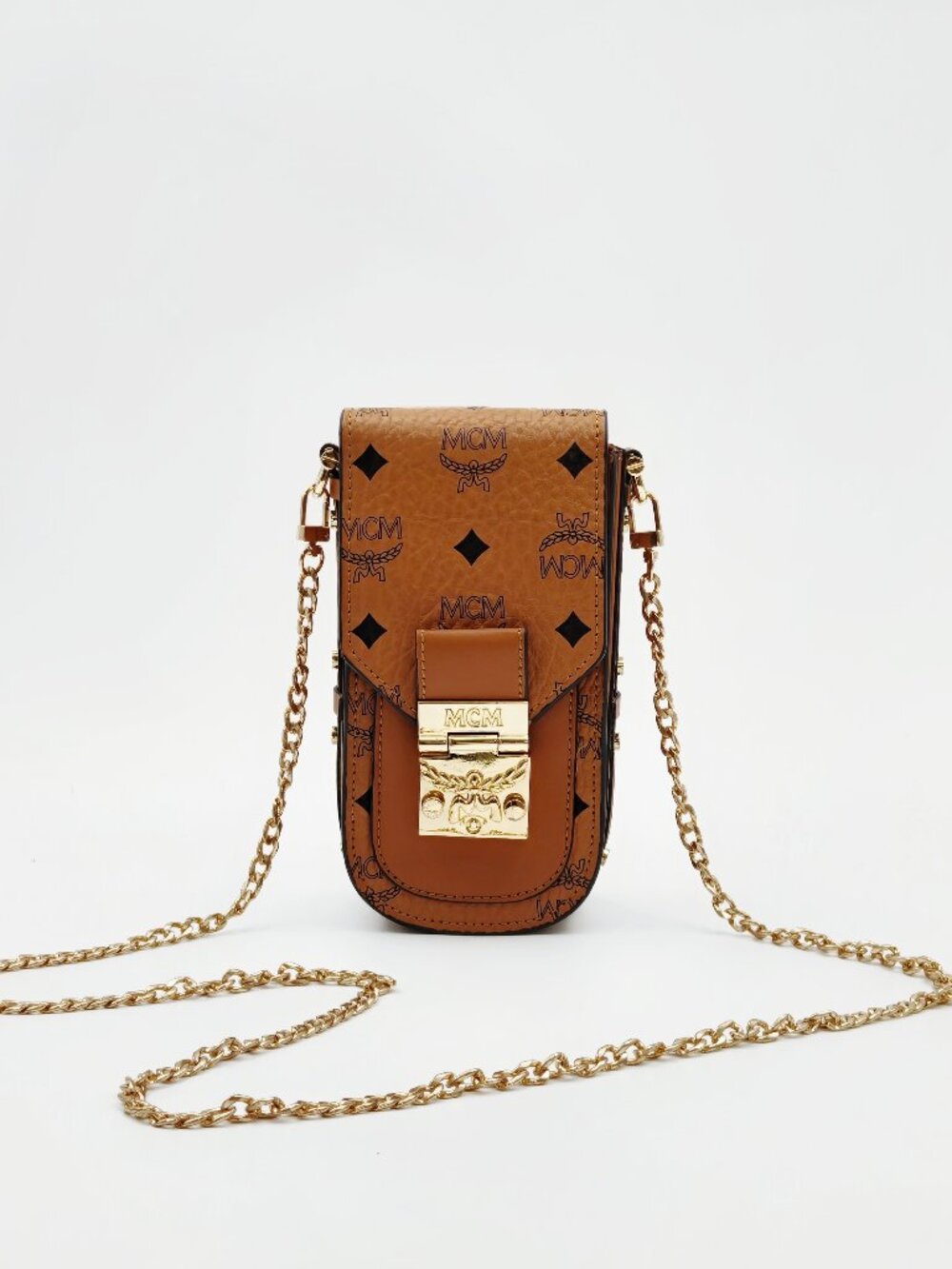 MCM Visetos Cognac Phone Bag Mini Crossbody Chain Strap Gold Hardware